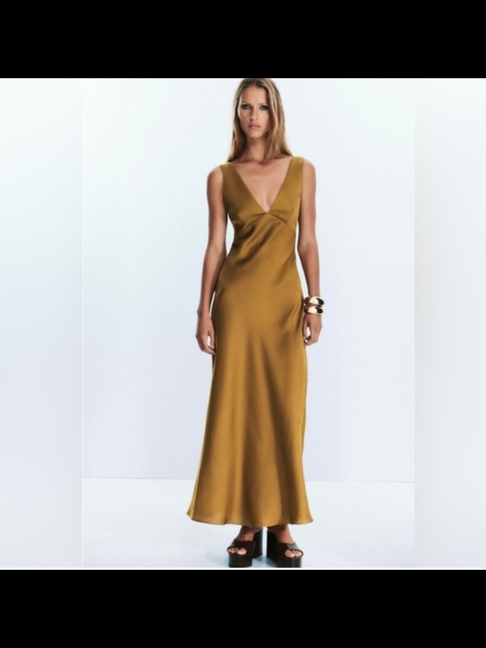 Zara Satin V-Neck Maxi Dress in Olive Gold Green - Picture 3 of 7